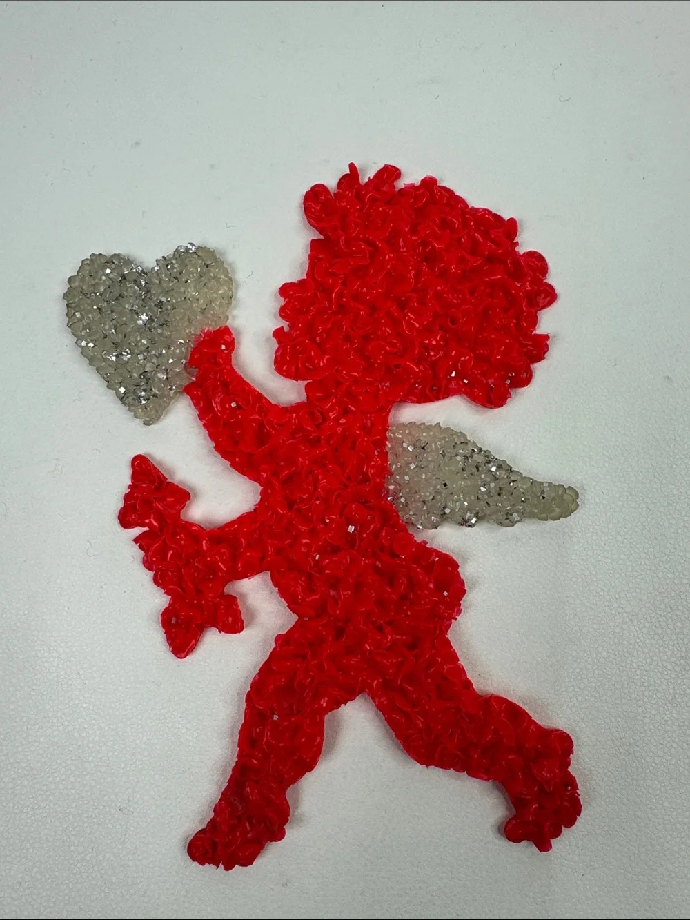 Vintage Red Cupid melted popcorn Wall hanging sparkle Silver Heart & wings